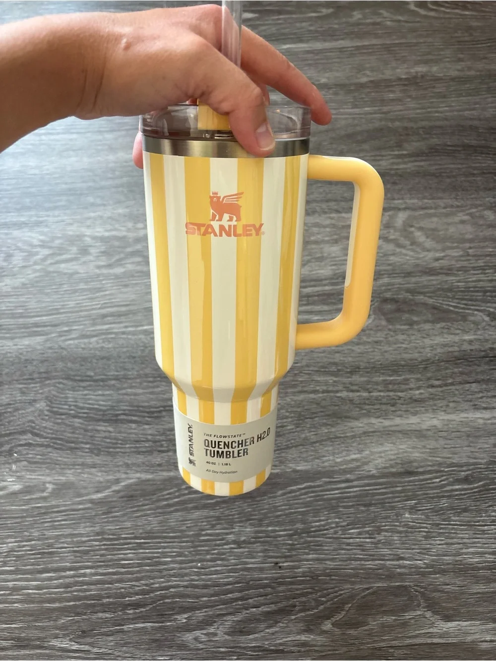 Stanley Yellow and White Striped Quencher Tumbler with Handle and Straw - Picture 6 of 6